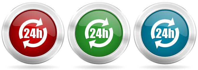 Leinwandbilder - 24h vector icon set. Red, blue and green silver metallic web buttons with chrome border