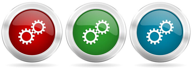 Leinwandbilder - Gear, cogwheel vector icon set. Red, blue and green silver metallic web buttons with chrome border