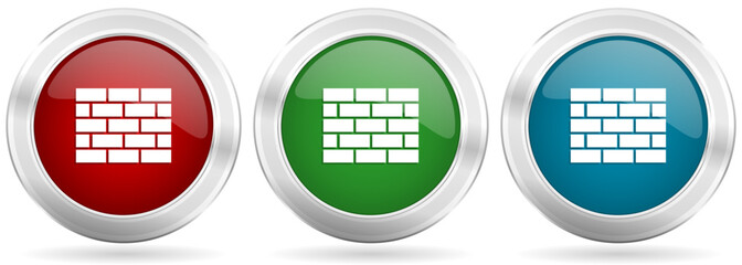 Leinwandbilder - Brick wall, building vector icon set. Red, blue and green silver metallic web buttons with chrome border
