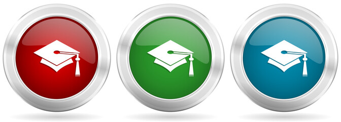 Aufkleber - Education vector icon set. Red, blue and green silver metallic web buttons with chrome border