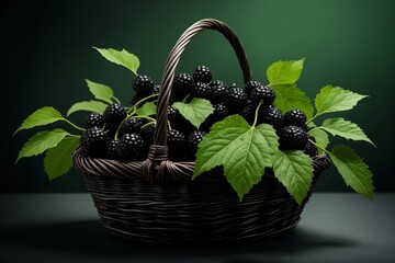 Wall Mural - fresh mulberry in basket isolated on green background