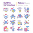 Building construction RGB color icons set. Urban mobility, essential services. City infrastructure. Isolated vector illustrations. Simple filled line drawings collection. Editable stroke