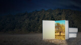 Fototapeta Sawanna - World book days concept, an open book with clear picture  on a book and beautiful night landscape view as background.