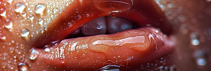 Wall Mural - A close-up image of a person's lips with droplets of water on their lips and lip