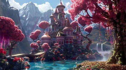 castle on fantasy world, with, candy, sweaty tree beautiful wonderland,