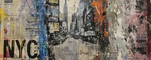 Dripping Paint Abstract. A Collage Of Newspapers And The Iconic Empire State Building, Capturing The Pulse Of New York City.