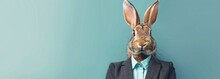 A Businessman Head Looks Like A Rabbit Wearing An Office Suit Against A Blue Background