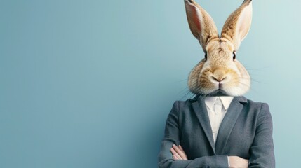 Wall Mural - A businessman head looks like a rabbit wearing an office suit against a blue background