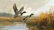 A pair of mallard ducks taking flight from a serene marshland, wings outstretched in harmony. 