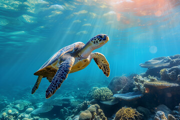 Poster - A turtle swimming in the ocean. The water is blue and the sun is shining on the turtle