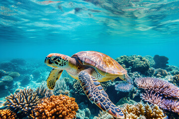 Wall Mural - A turtle swimming in the ocean. The water is blue and the sun is shining on the turtle