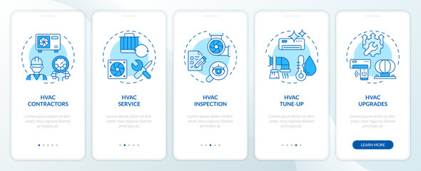 Wall Mural - HVAC Services and Improvements blue onboarding mobile app screen. Walkthrough 5 steps editable graphic instructions with linear concepts. UI, UX, GUI template. Myriad Pro-Bold, Regular fonts used
