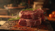 raw beef neck steaks, on the butcher desk, cinematic light, product photo, captured by Canon EF 50mm f/1.8 STM Lens, food stylist, ad