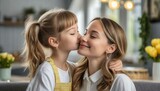 Fototapeta Kwiaty - Córka całująca swoją mamę w policzek, Dzień Matki, rodzicielstwo, rodzina