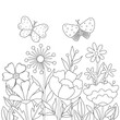 Simple childrens coloring page with cute flowers and butterflies. Vector illustration with silhouette of plants, spring drawing.