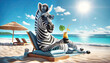 A cartoon zebra with smile and sunglasses relaxes on a sun lounger, sipping a tropical cocktail on a sandy beach, under the bright summer sun. Concept travel, postcard, holiday