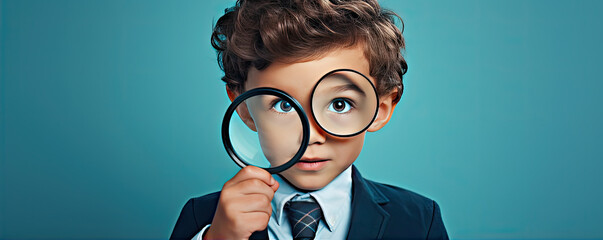 Small boy with magnifying glass on blue background.