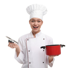 Poster - Surprised woman chef in uniform holding cooking pot on white background