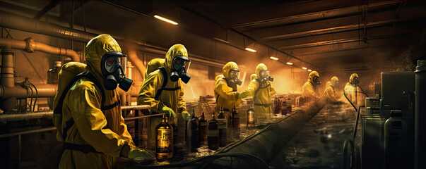 Workers in protective suits in radiation location