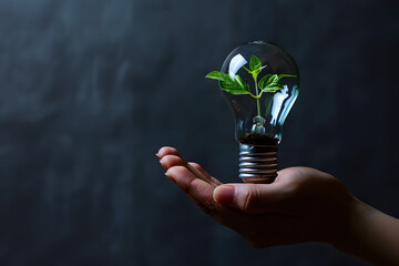 Wall Mural - A hand holds a light bulb with a green plant inside on a dark background. Representing the concepts of sustainable energy, natural power grids, and environmental protection. Copy space.