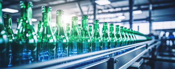Wall Mural - Bottling beverages in factory conveyor. Bottles production in row.