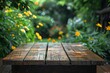 wooden table in garden, Generative AI