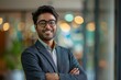 happy smiling Indian business man leader looks away with confidence, standing in the office, smiling young professional businessman manager and executive from, Generative AI