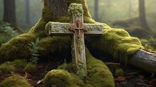 Step Into The Sacred Silence Of The Cotton Cross, Adorned With Moss, A Sacred Relic Amidst The Timeless Rhythms Of The Green Forest.