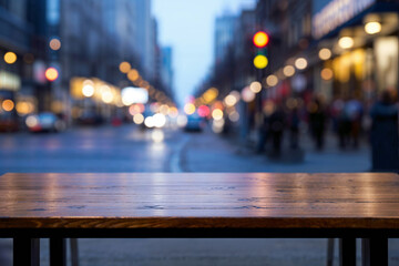 Wall Mural - A wooden table with a blurred city street in the background. High quality photo