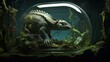 An artistic portrayal of ancient reptiles captured within glass walls