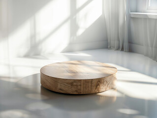 Aufkleber - A wooden round on a white floor in a white room with sunlight from the windows. High quality photo