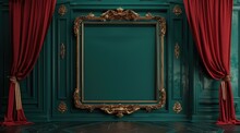 A Green Wall With An Ornate Gold Frame And Red Velvet Curtains, A Victorian Theater Stage Backdrop, A Vintage Art Style