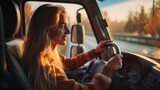 Fototapeta Sport - Smiling Woman Driving in Evening Sunlight