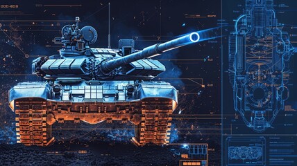 Abstract military tank with blueprint overlay - Detailed military tank illustration with an informative blueprint overlay design