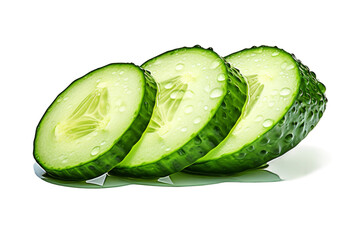 Wall Mural - Refreshing Melodies: Three Slices of Cucumber Glisten With Water Droplets. On a White or Clear Surface PNG Transparent Background.