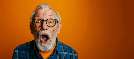 Wall Mural - An older man with glasses and a plaid jacket is smiling and making a funny face. a lighthearted and humorous mood. surprised happy funny old man in glasses with mouth open on an orange background