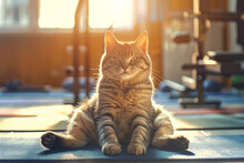Cat With Whiskers Is Lounging On A Wooden Yoga Mat In A Gym. This Small To Mediumsized Terrestrial Animal Has A Snout, Fur, And Is Surrounded By Gym Flooring