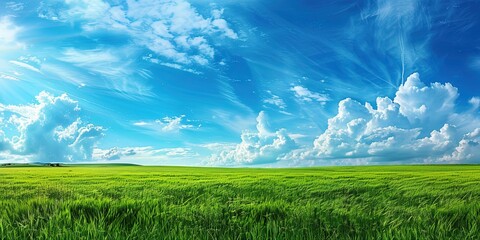 Canvas Print - Landscape of green lawn under clear sky with white clouds, village, summer, background, wallpaper.