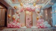 Pink and white balloon garland, floor standing screen with mirror, pink wall decoration, 