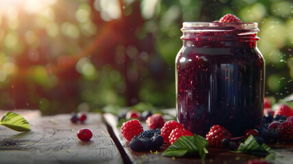 Wall Mural - Sunlight glimmers on a jar of homemade berry jam amidst a rustic setting.