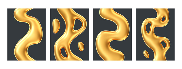 Wall Mural - 3D poster set with gold liquid waves isolated on dark background. Render of collection fluid golden ribbon backgrounds with reflection effect flying in motion. 3d vector cyber chromemorphism poster