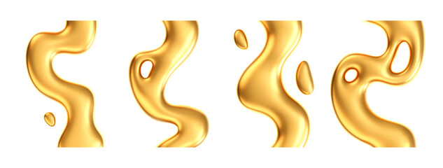 Wall Mural - 3d poster set with gold liquid waves isolated on white background. render of collection fluid golden