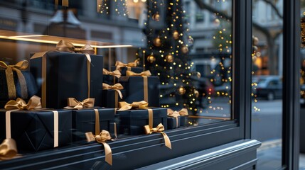 Wall Mural - Modern storefront window display with black gift boxes.