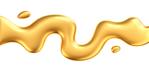 Wall Mural - 3d gold liquid wave with drops isolated on a dark background. render of fluid golden ribbon with ref