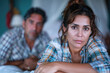 Hispanic woman sad in bedroom, her husband is leaning on the bed