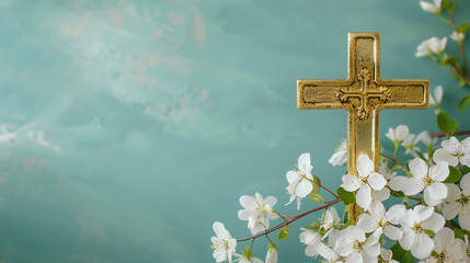 golden christian cross adorned with white flowers against a backdrop with space for text.