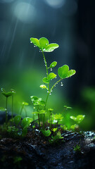 Wall Mural - vertical background green forest, dew drops and wet rain on young leaves and shoots in the depths of