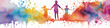 watercolor spots of freedom multi colored ink on a white background, silhouette of  group people, idea creativity, long narrow panoramic view