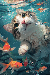 Wall Mural - Cute cat hunting for goldfish under water