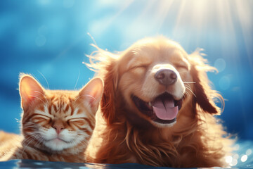 Wall Mural - Cute dog and cat with happy expression lying together. Banner of pets.